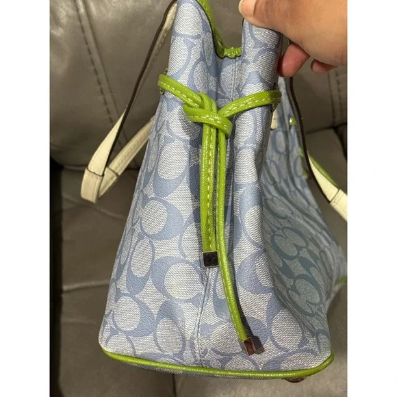Coach Signature Monogram Tote Bag Blue Green White Leather Trim 15" by 11" - Picture 7 of 11